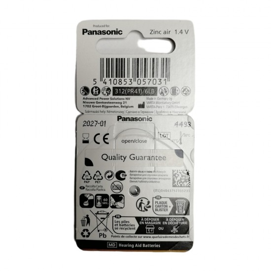 Panasonic PR-312 Hearing Aid Batteries - 6 Pack from satcity.ie Limerick Ireland Panasonic PR-312 Hearing Aid Batteries - 6 Pack