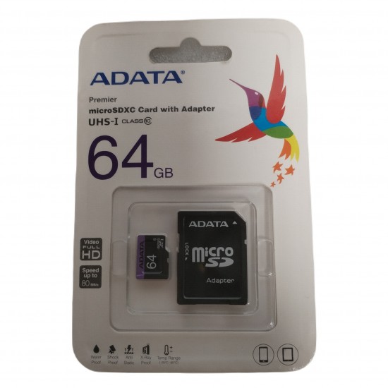 64GB ADATA TURBO MICROSDHC UHS-1 CL10 MEMORY CARD W/ SD ADAPTER Ultra High Speed