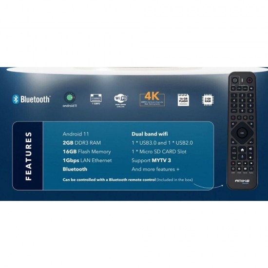 Amiko A11 BLU OTT 4K Digital Media Player with Bluetooth Remote TV Box Receiver