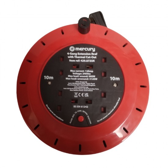4 WAY EXTENSION GANG REEL WITH THERMAL CUT OUT CABLE LIAD SOCKET HEAVY DUTY 10M