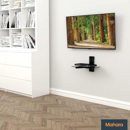 BLACK GLASS FLOATING SHELF SINGLE WALL MOUNTED UNDER WALL BRACKET TVs STB DVD