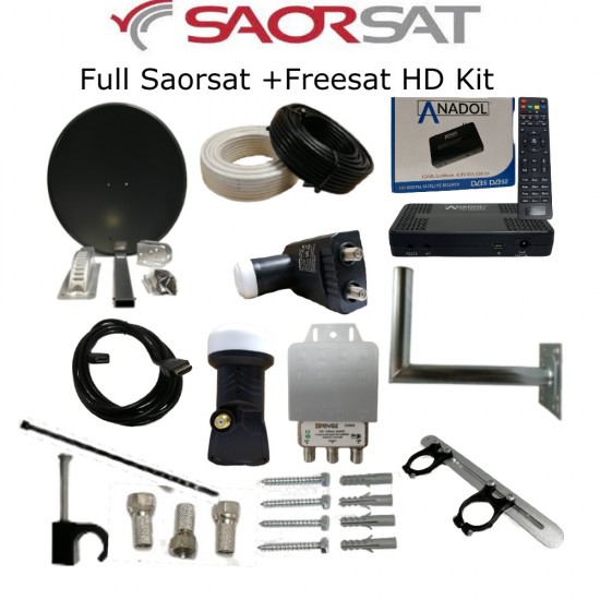 Full Saorsat + Freesat Kit – HD Receiver, Dish, LNB & Wall Mount