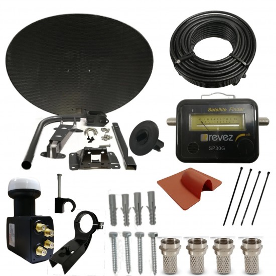 SKY / FREESAT Satellite Dish KIT  SAT SIGNAL FINDER Quad LNB 10M Black RG6